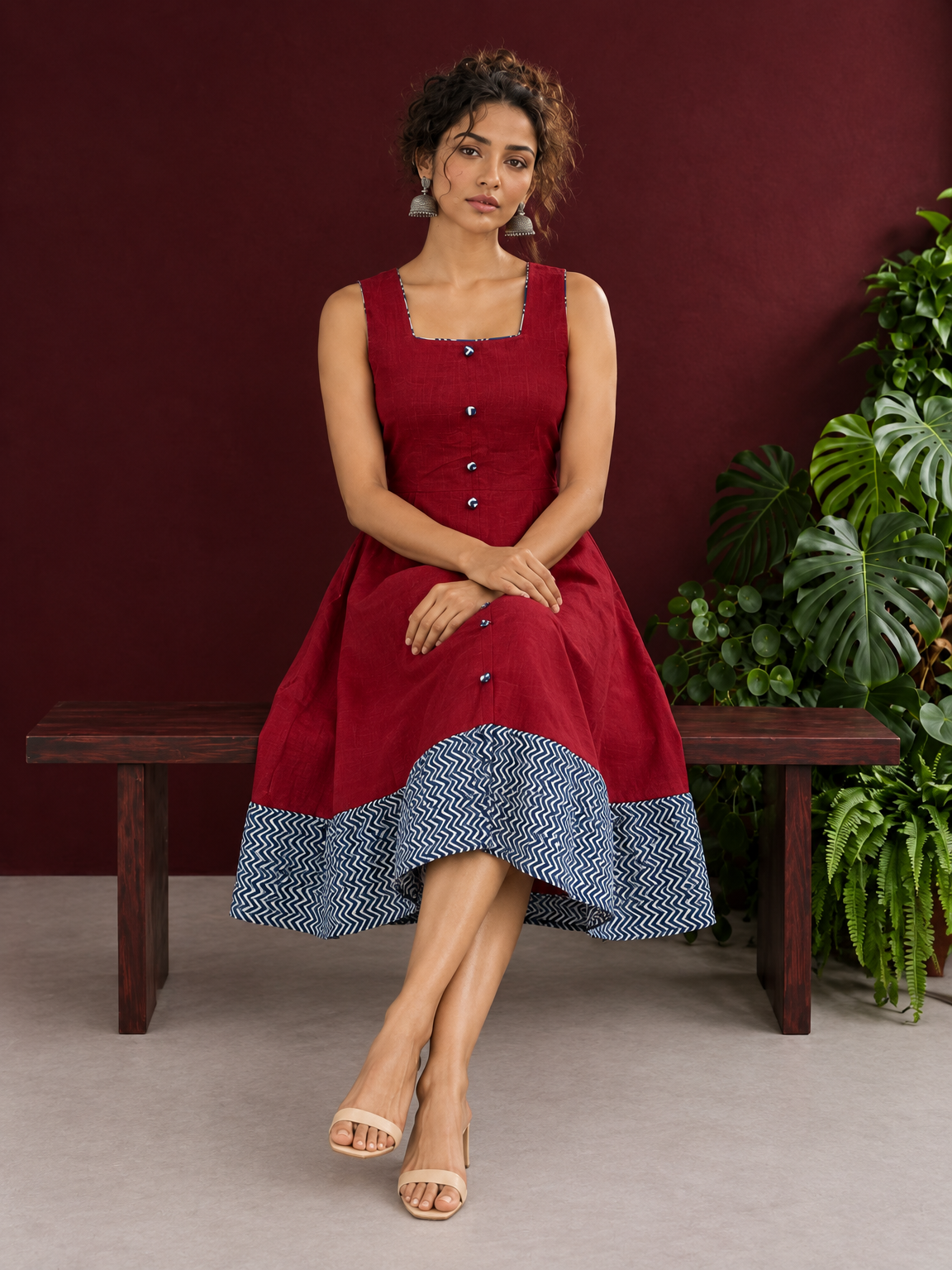Maroon Cotton Sleeveless Dress with Contrast Chevron Print Indigo Hem Panel and Square Neckline — seated — view 2