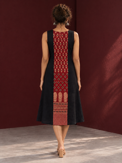 Timeless Black Cotton A-Line Dress with Maroon Ajrakh Print Center Panel & Contrast Piping — back view