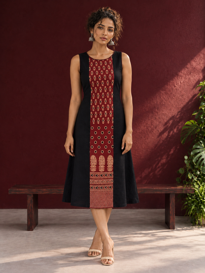 Timeless Black Cotton A-Line Dress with Maroon Ajrakh Print Center Panel & Contrast Piping — front view