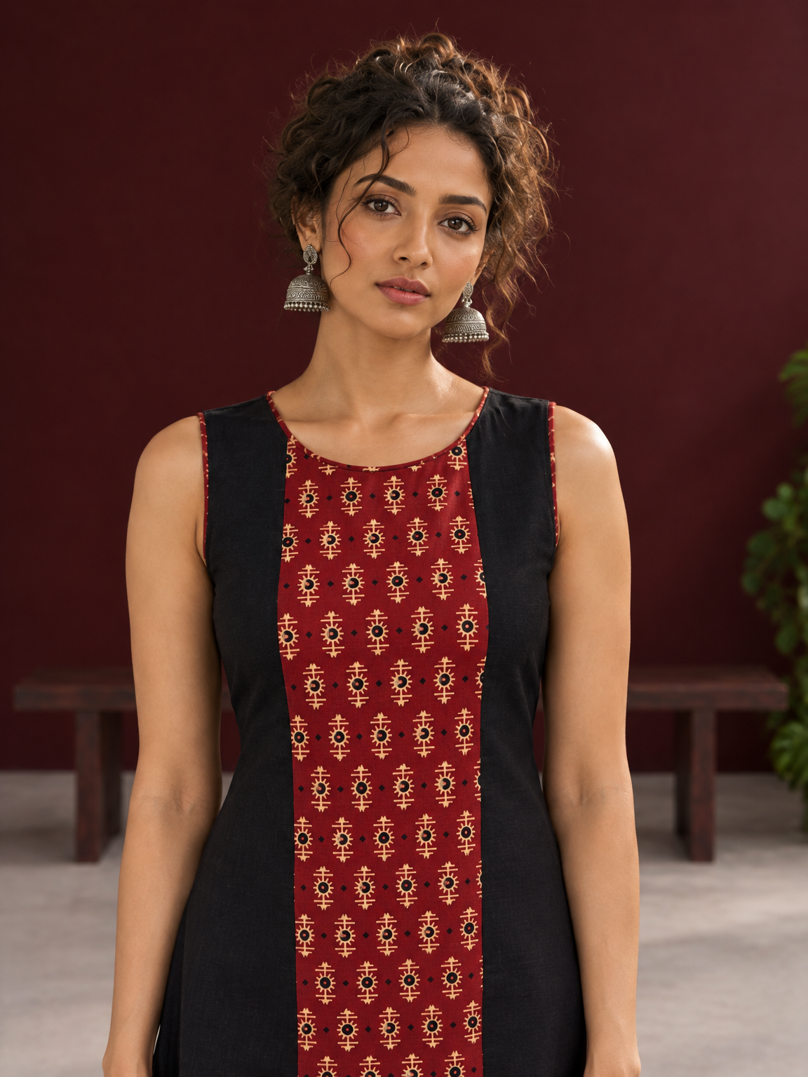 Timeless Black Cotton A-Line Dress with Maroon Ajrakh Print Center Panel & Contrast Piping — fabric detail — view 3