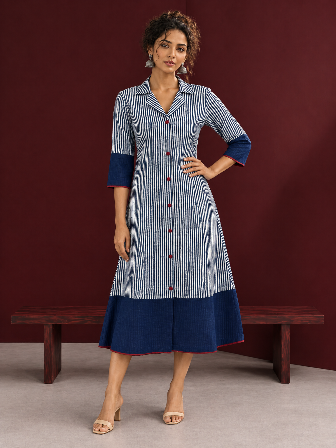 Classic Indigo Blue Striped Cotton Shirt Dress with Contrast Colour-Block Hem & Cuffs — front view — view 2