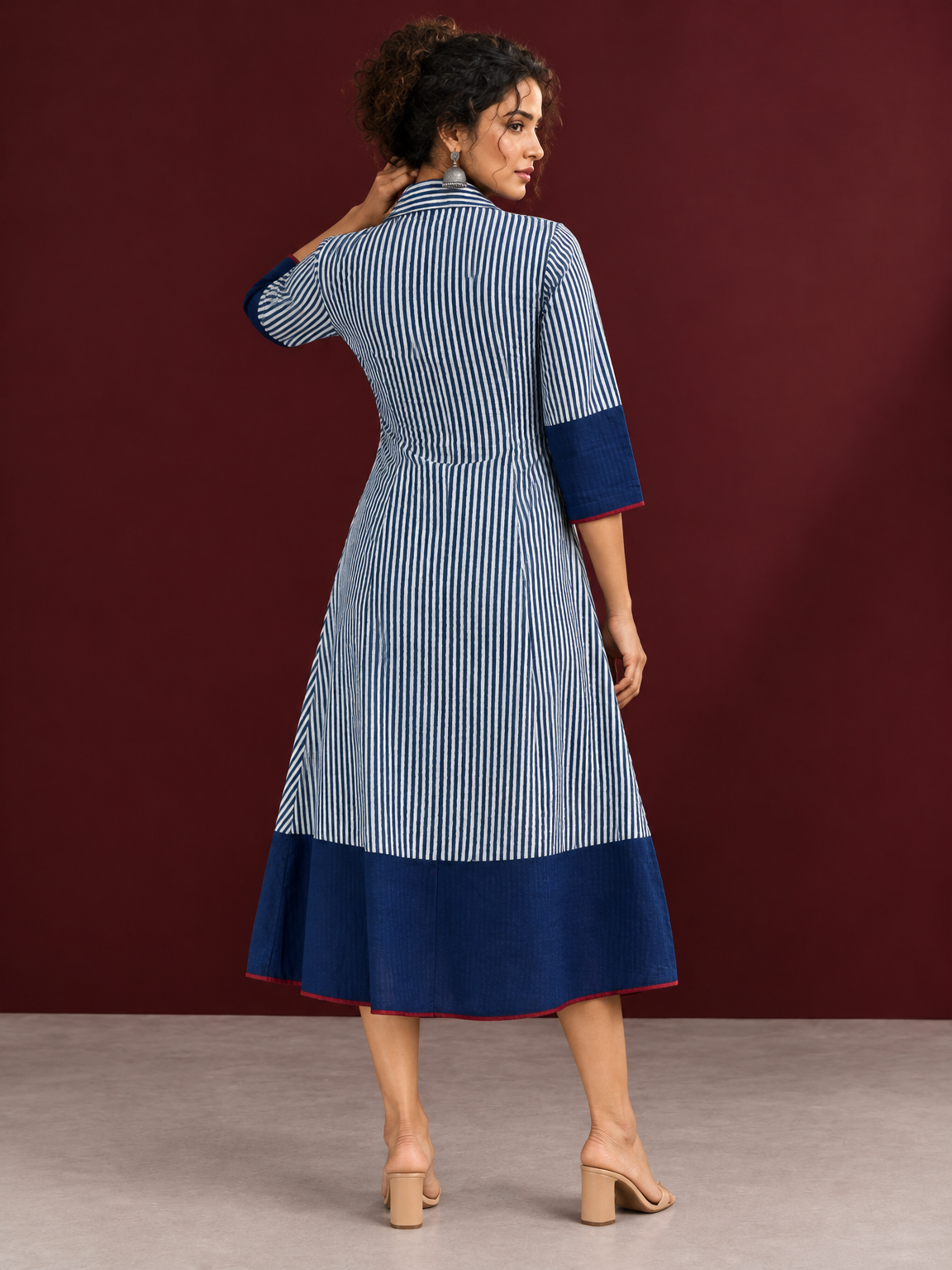 Classic Indigo Blue Striped Cotton Shirt Dress with Contrast Colour-Block Hem & Cuffs — back view — view 6
