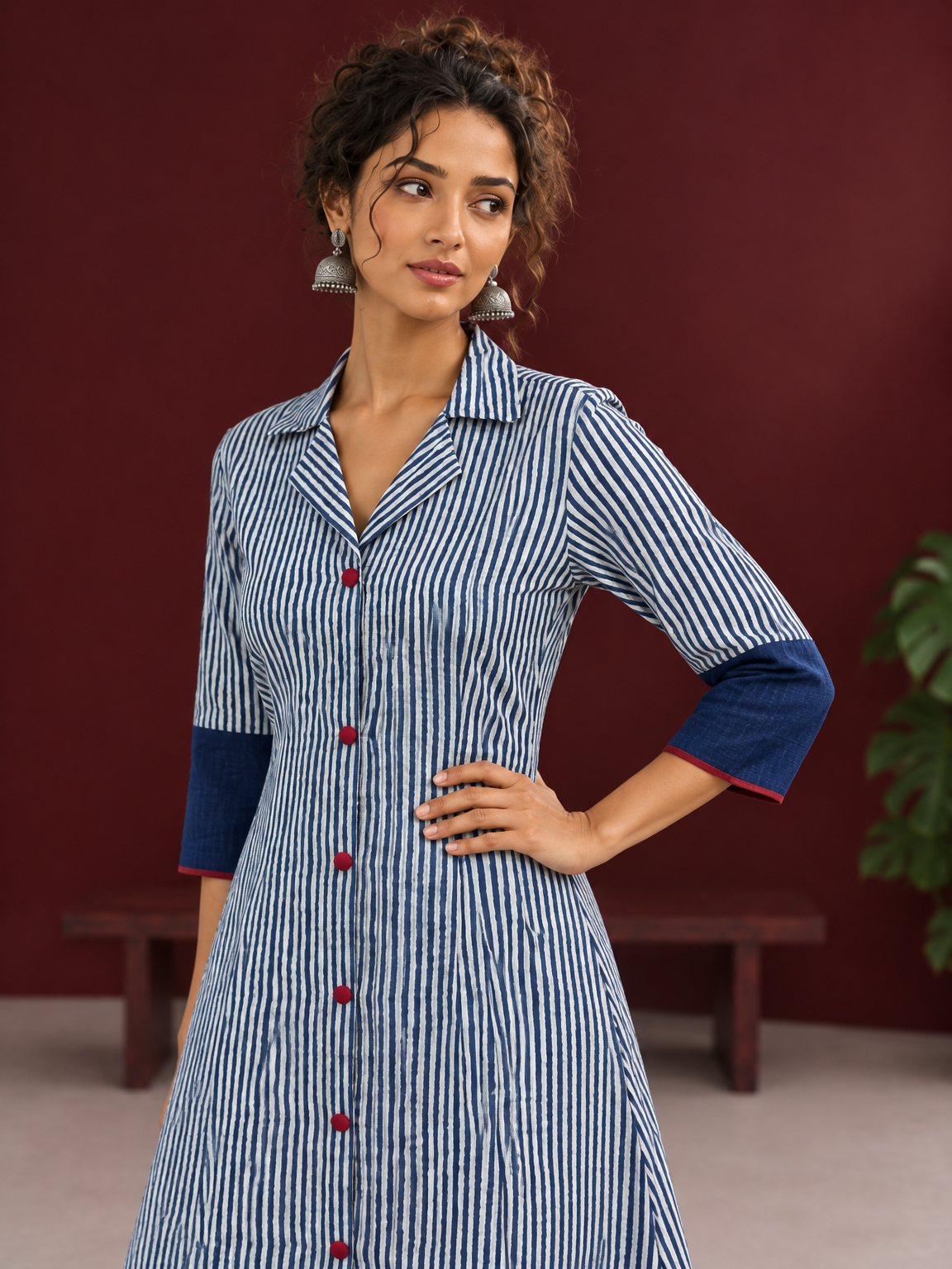 Classic Indigo Blue Striped Cotton Shirt Dress with Contrast Colour-Block Hem & Cuffs — fabric detail — view 3