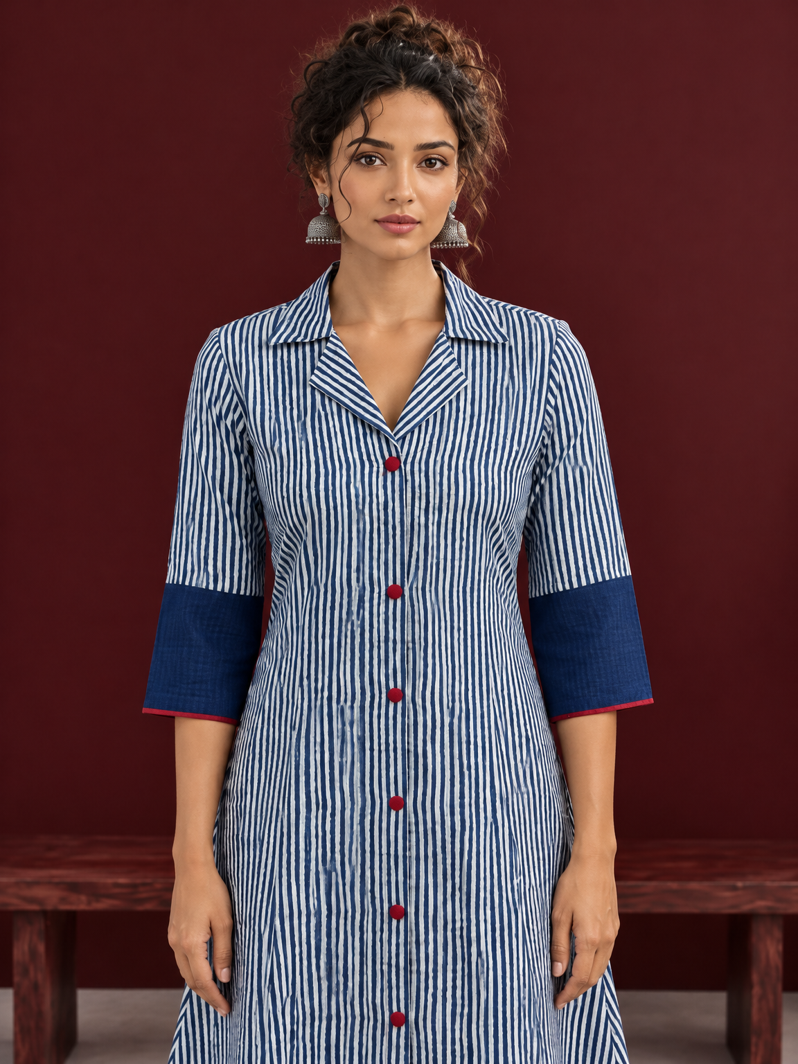 Classic Indigo Blue Striped Cotton Shirt Dress with Contrast Colour-Block Hem & Cuffs — styled view — view 4