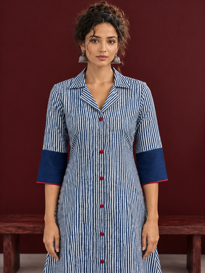 Classic Indigo Blue Striped Cotton Shirt Dress with Contrast Colour-Block Hem & Cuffs — styled view