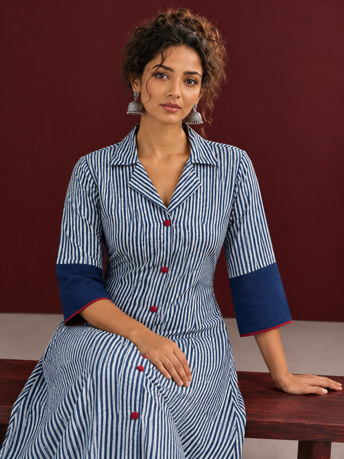 Classic Indigo Blue Striped Cotton Shirt Dress with Contrast Colour-Block Hem & Cuffs — seated detail — view 5