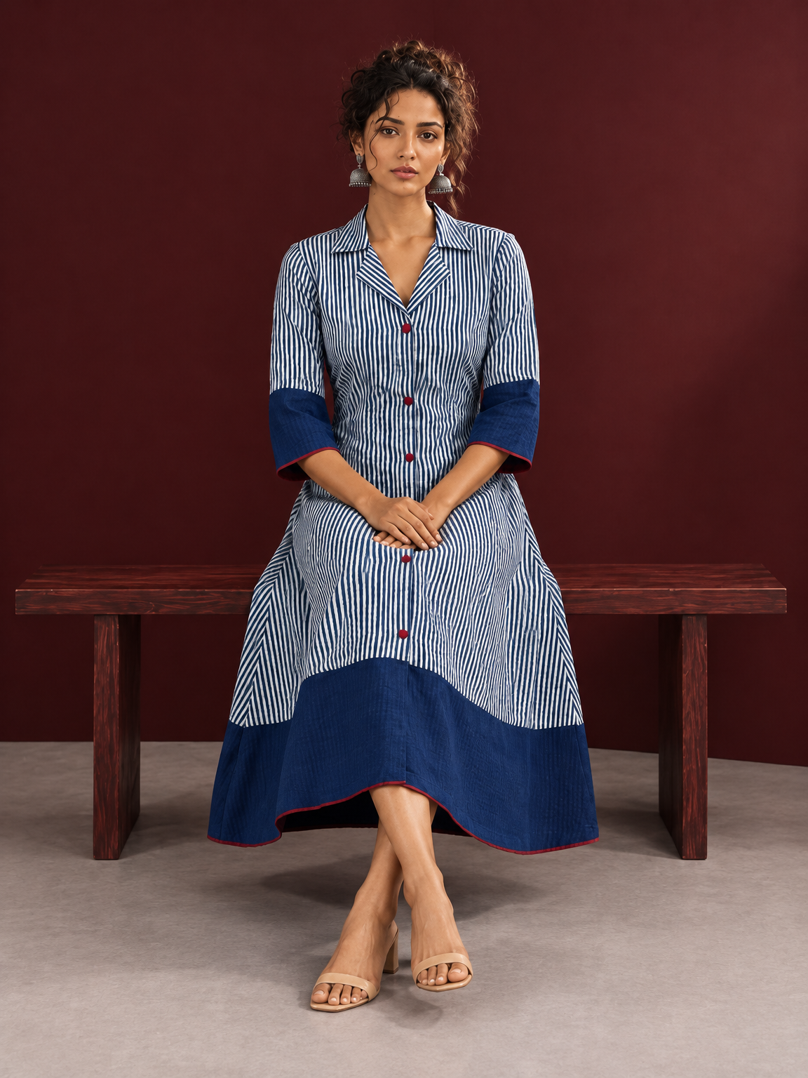 Classic Indigo Blue Striped Cotton Shirt Dress with Contrast Colour-Block Hem & Cuffs
