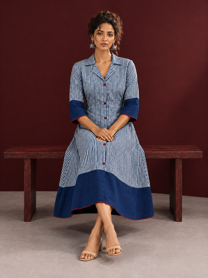 Classic Indigo Blue Striped Cotton Shirt Dress with Contrast Colour-Block Hem & Cuffs — seated