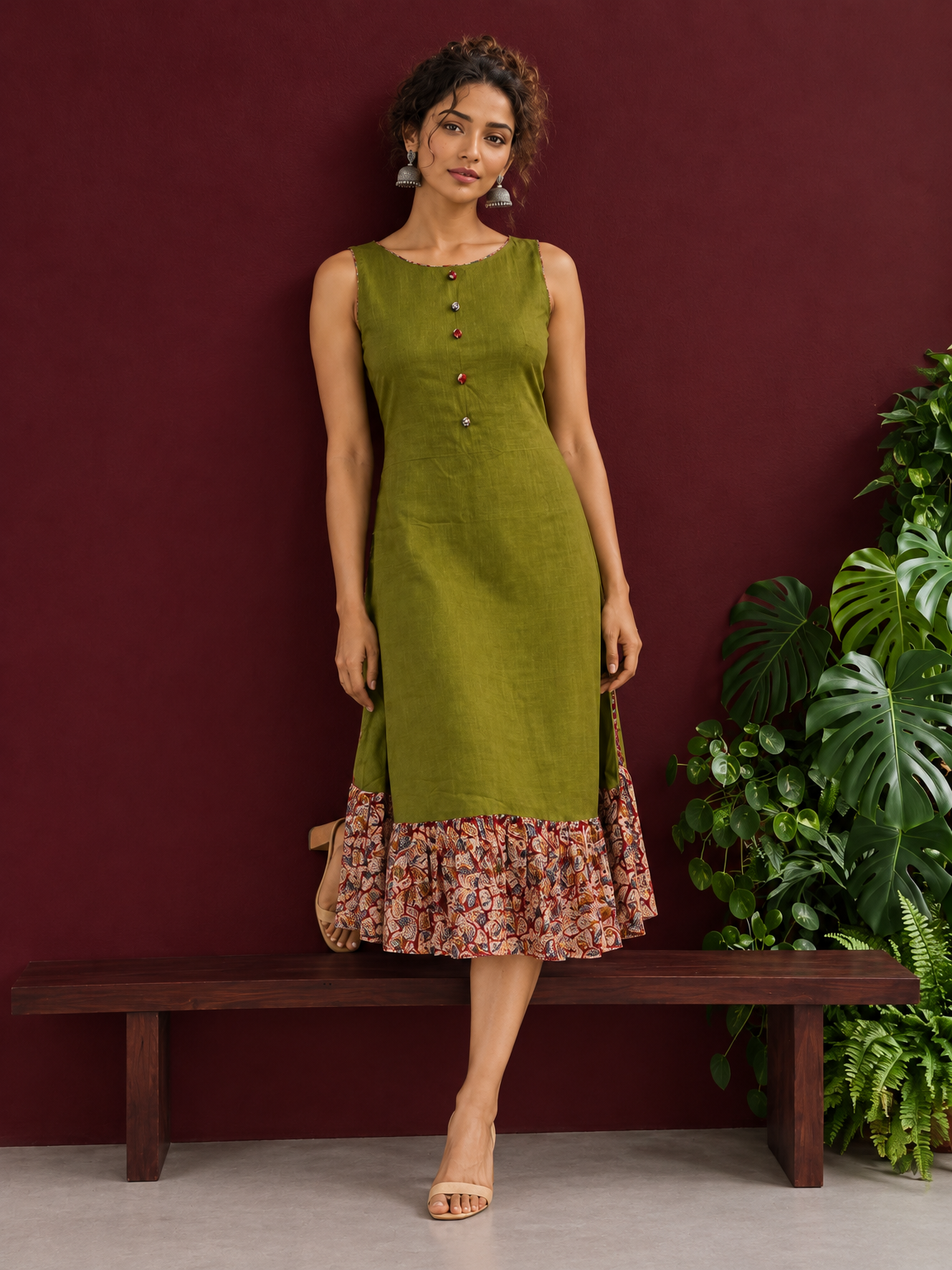 Olive Green Cotton Sleeveless Dress with Contrast Floral Print Piping, Button Placket & Kalamkari Leaf Print Gath — side view — view 2