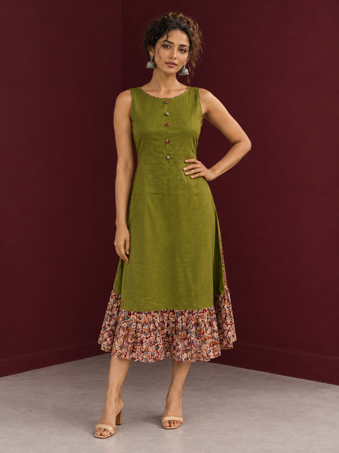 Olive Green Cotton Sleeveless Dress with Contrast Floral Print Piping, Button Placket & Kalamkari Leaf Print Gathered Hem