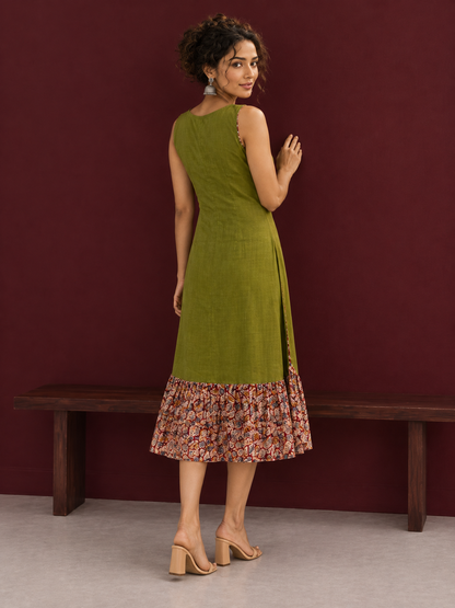 Olive Green Cotton Sleeveless Dress with Contrast Floral Print Piping, Button Placket & Kalamkari Leaf Print Gath — back view