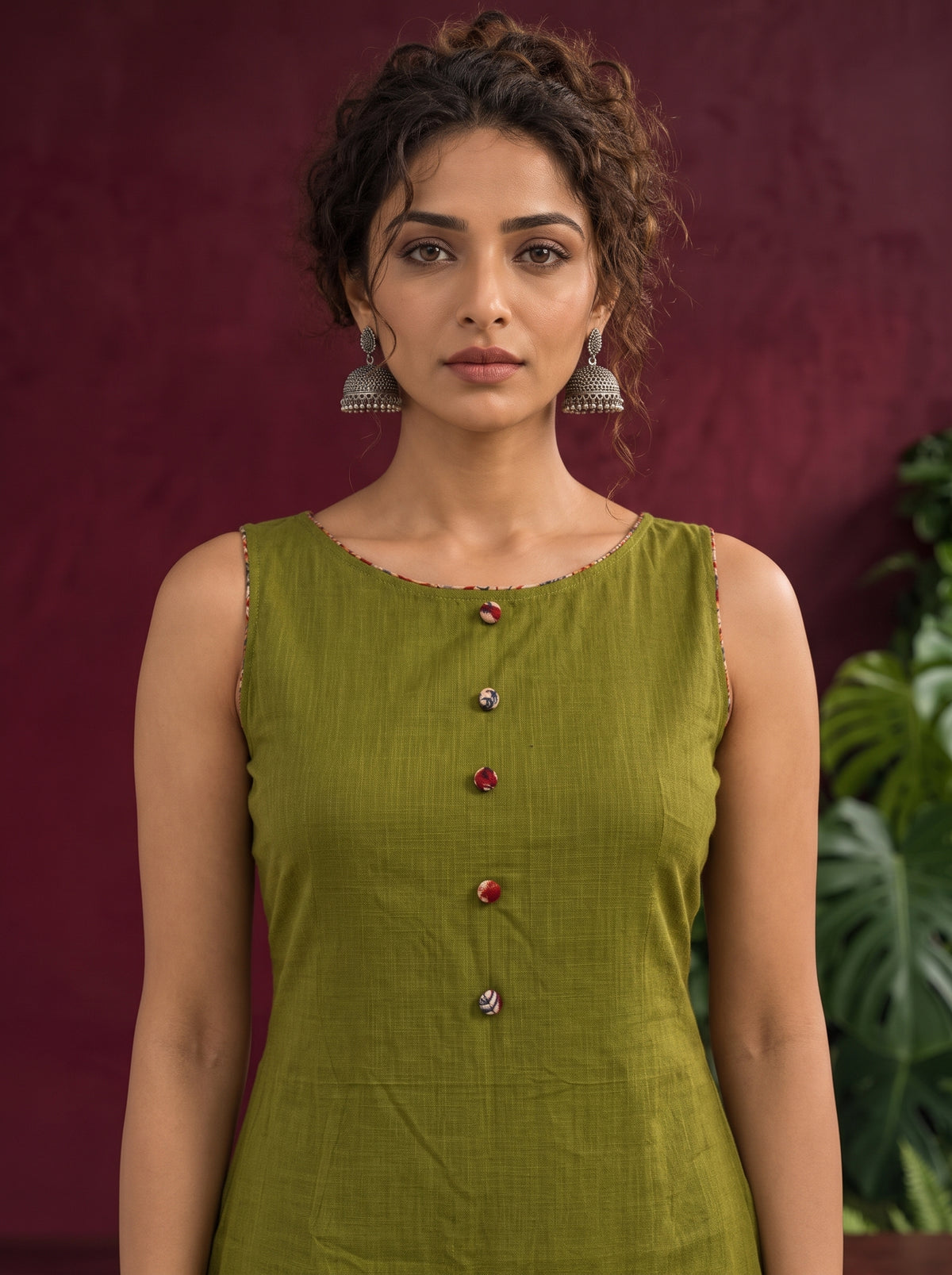 Olive Green Cotton Sleeveless Dress with Contrast Floral Print Piping, Button Placket & Kalamkari Leaf Print — fabric detail — view 3