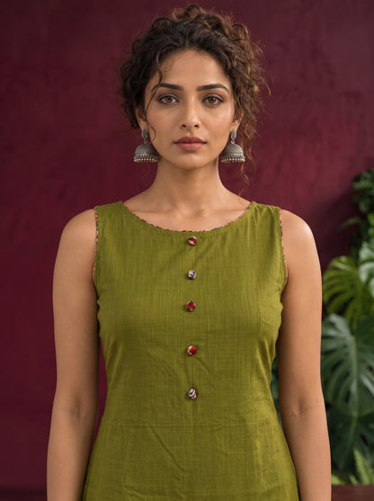 Olive Green Cotton Sleeveless Dress with Contrast Floral Print Piping, Button Placket & Kalamkari Leaf Print — fabric detail