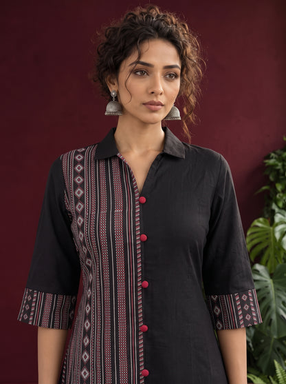 Timeless Black Cotton Shirt Dress with Contrast Striped Panel & Coordinated Sleeve Cuffs — fabric detail