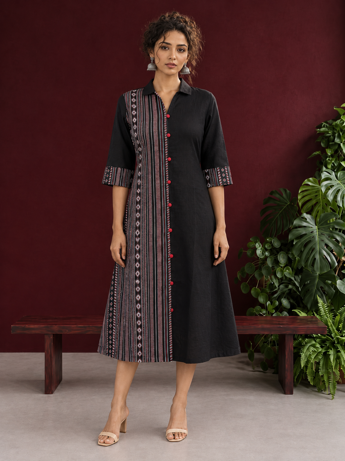 Timeless Black Cotton Shirt Dress with Contrast Striped Panel & Coordinated Sleeve Cuffs — front view — view 3