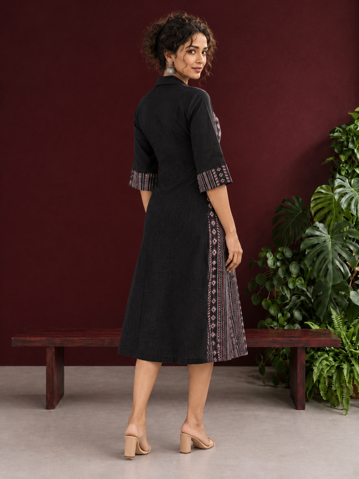 Timeless Black Cotton Shirt Dress with Contrast Striped Panel & Coordinated Sleeve Cuffs — back view — view 7