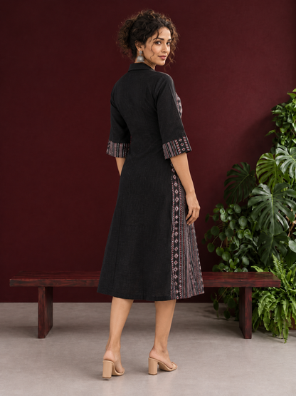 Timeless Black Cotton Shirt Dress with Contrast Striped Panel & Coordinated Sleeve Cuffs — back view