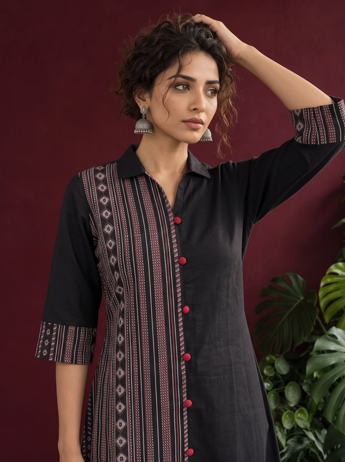 Timeless Black Cotton Shirt Dress with Contrast Striped Panel & Coordinated Sleeve Cuffs — styled view — view 5