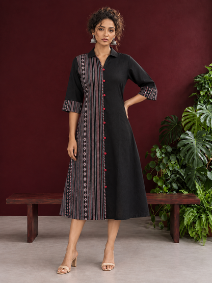 Timeless Black Cotton Shirt Dress with Contrast Striped Panel & Coordinated Sleeve Cuffs — side view
