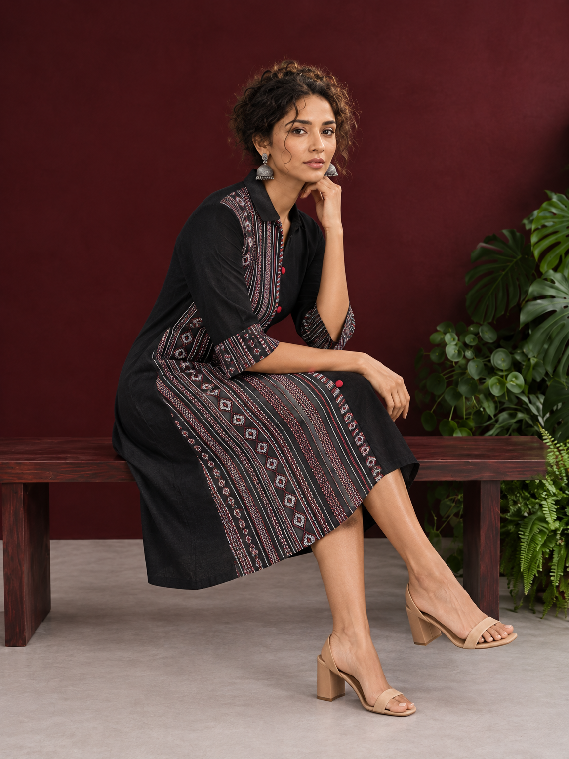 Timeless Black Cotton Shirt Dress with Contrast Striped Panel & Coordinated Sleeve Cuffs