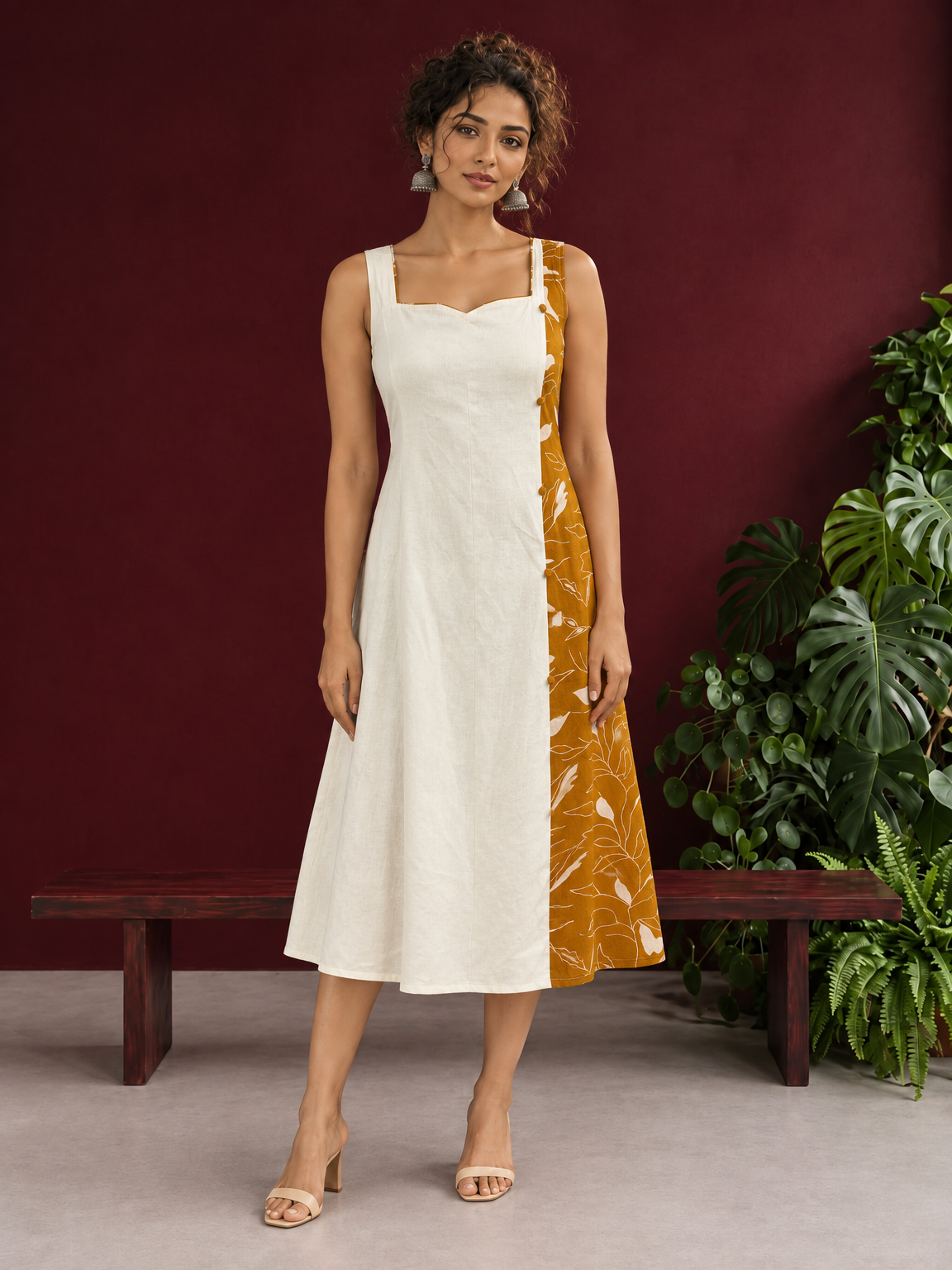 Elegant Off-White Cotton One Piece Dress with Mustard Floral Print Side Panel & Button Detailing — front view — view 2