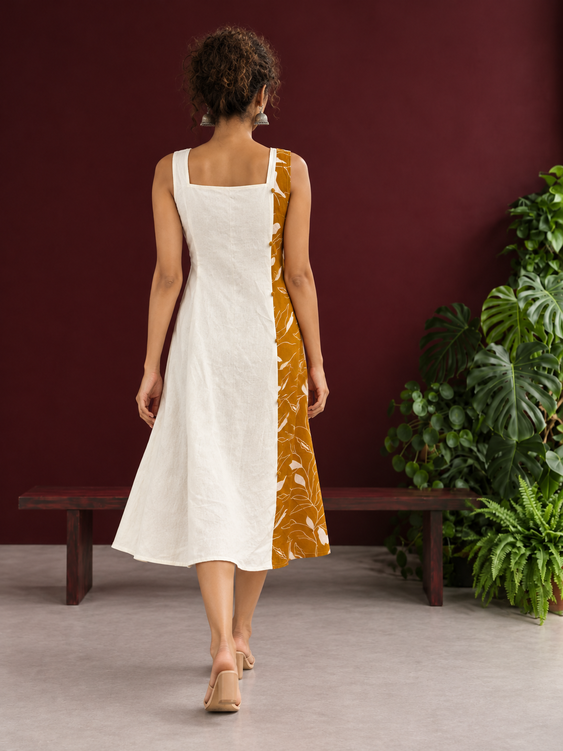 Elegant Off-White Cotton One Piece Dress with Mustard Floral Print Side Panel & Button Detailing — back view — view 7