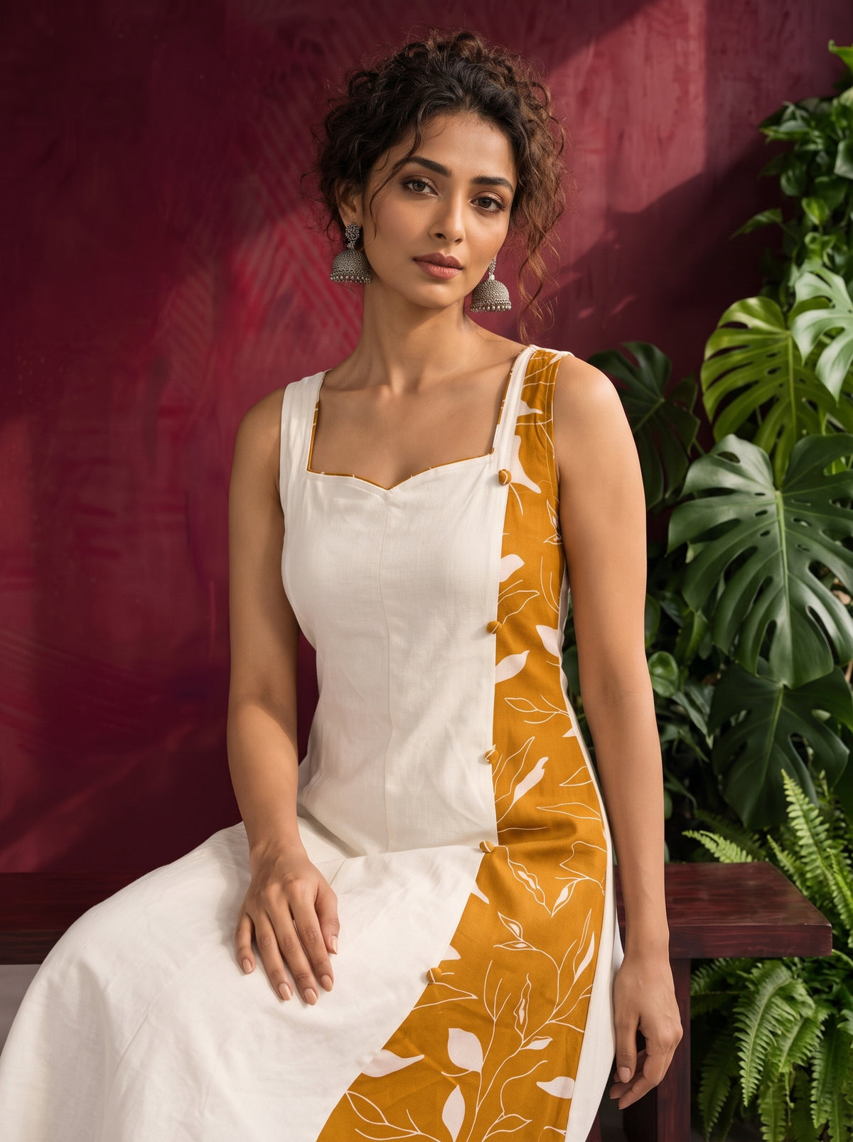 Elegant Off-White Cotton One Piece Dress with Mustard Floral Print Side Panel & Button Detailing — seated detail — view 4