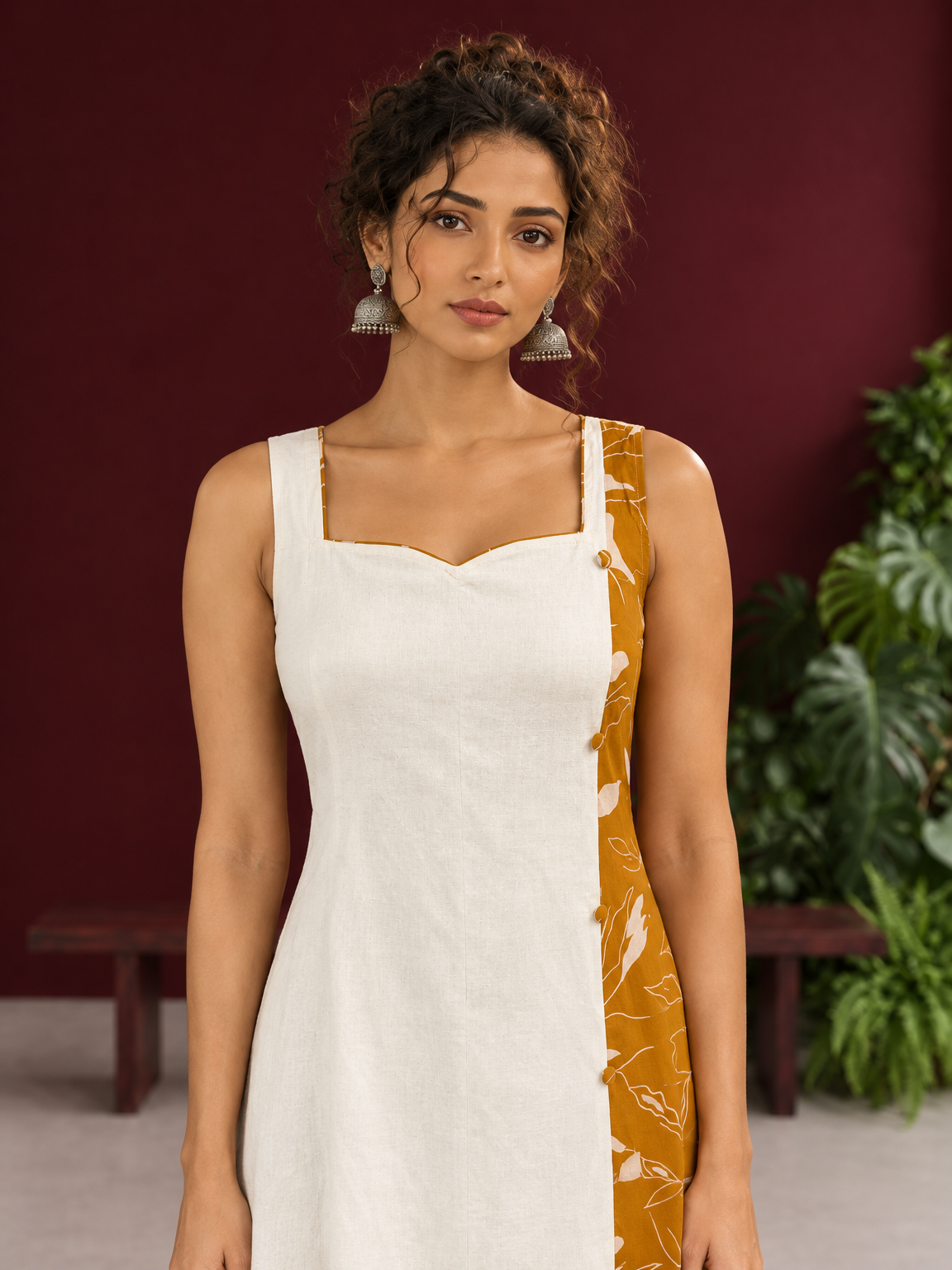 Elegant Off-White Cotton One Piece Dress with Mustard Floral Print Side Panel & Button Detailing — styled view — view 6