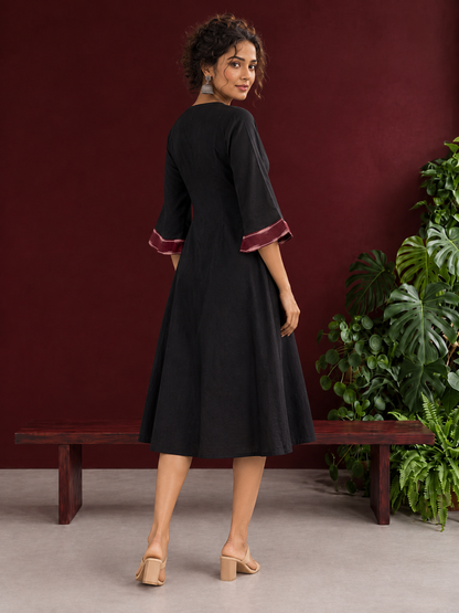 Classic Black Cotton A-line Dress with Contrast Maroon Ikat Collar and Matching Sleeve Cuffs — back view