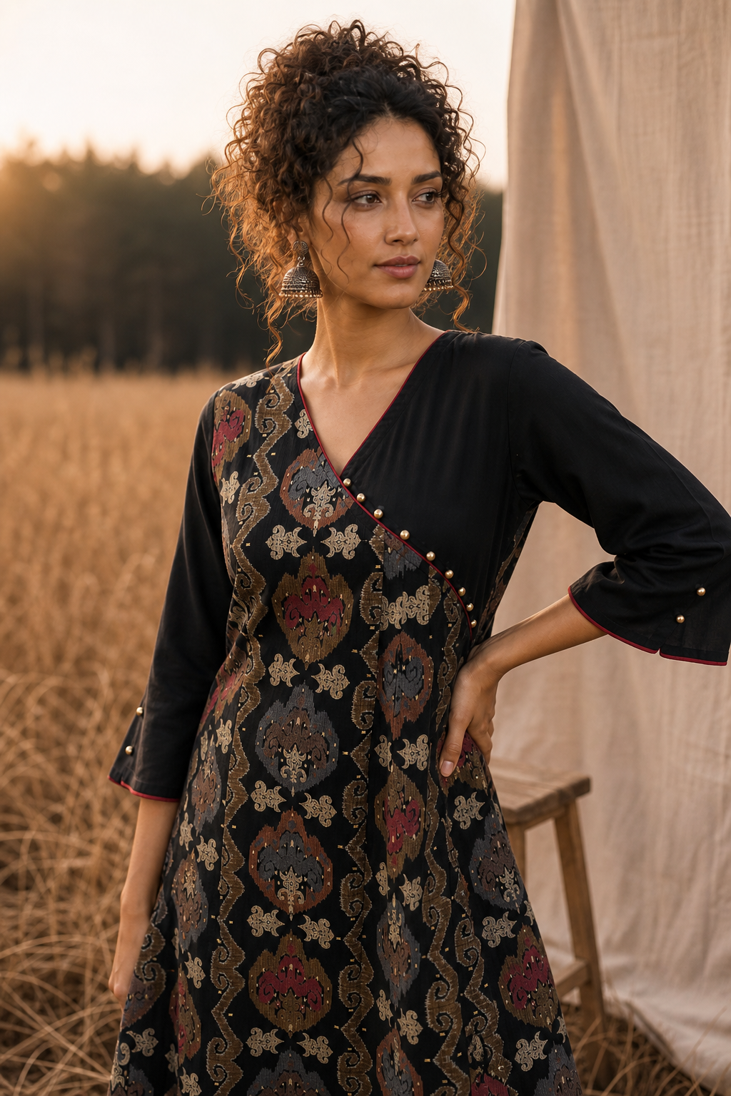 Elegant Black Dress with Multicolor Ikat Print and Pleated Waist