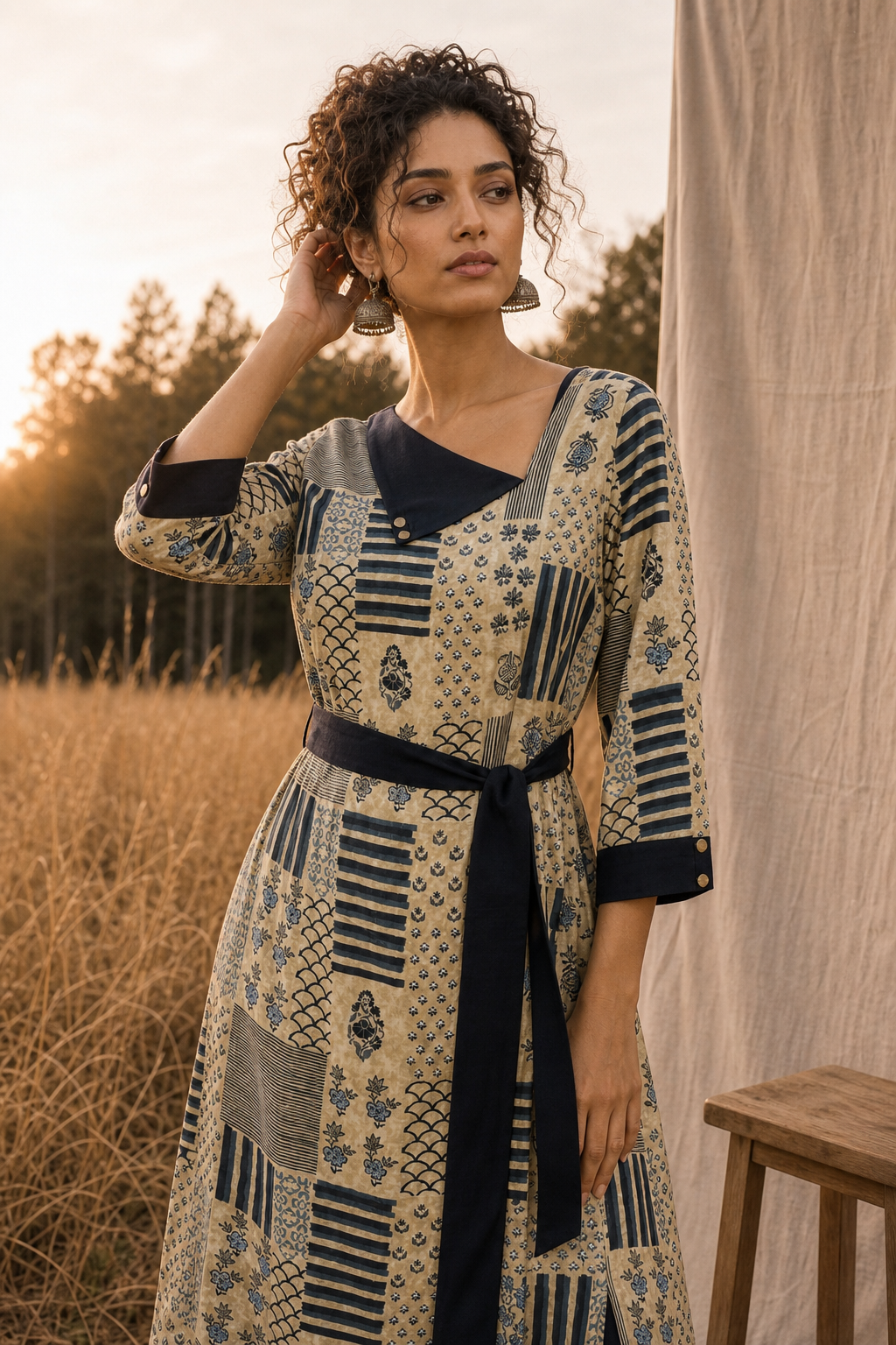 Beige Printed A-Line Dress with Contrast Black Asymmetric Collar & Tie-Up Belt