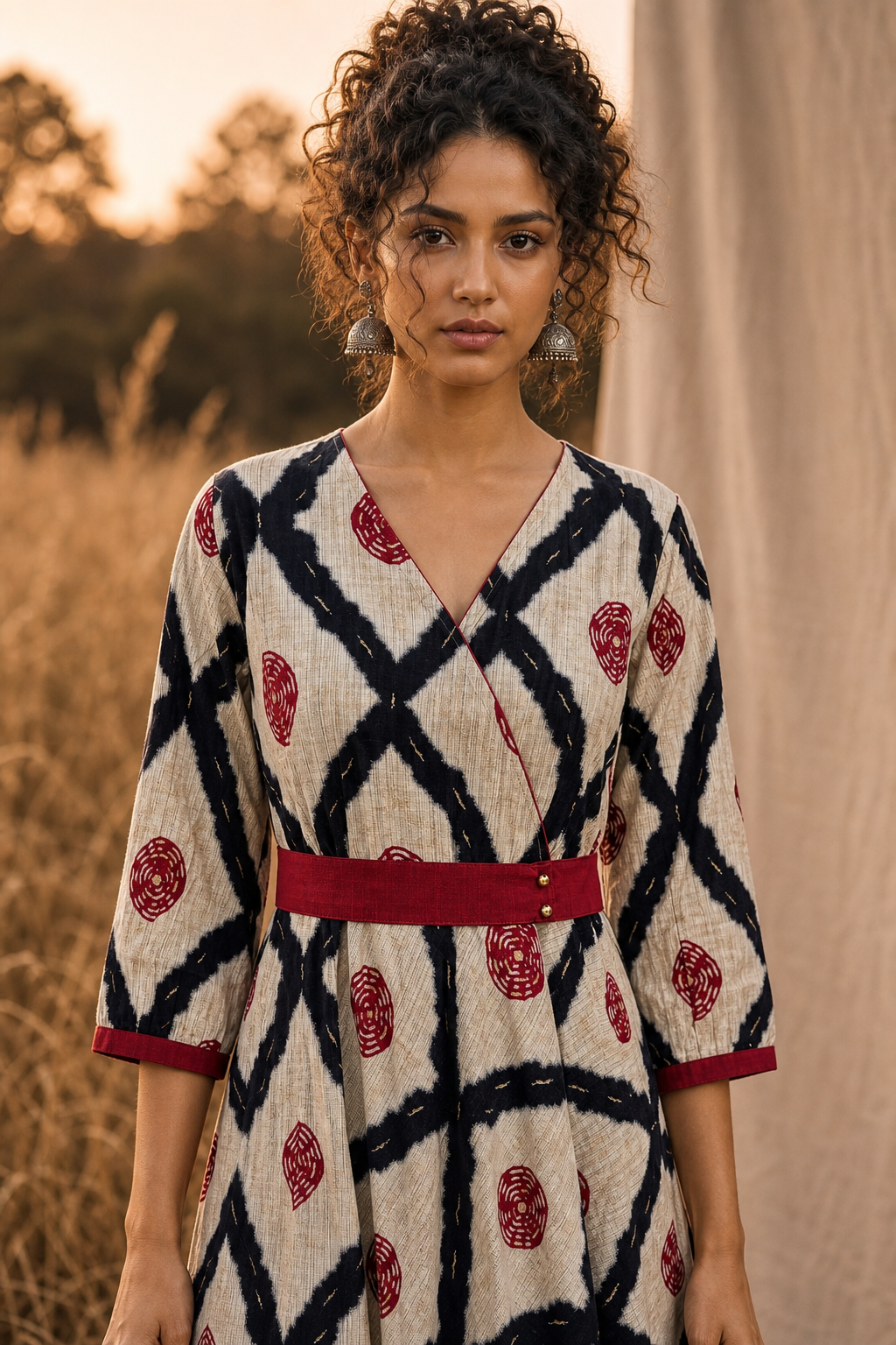 Beige One Piece Dress with Navy Blue Ikat Geometric Print and Maroon Waist Belt