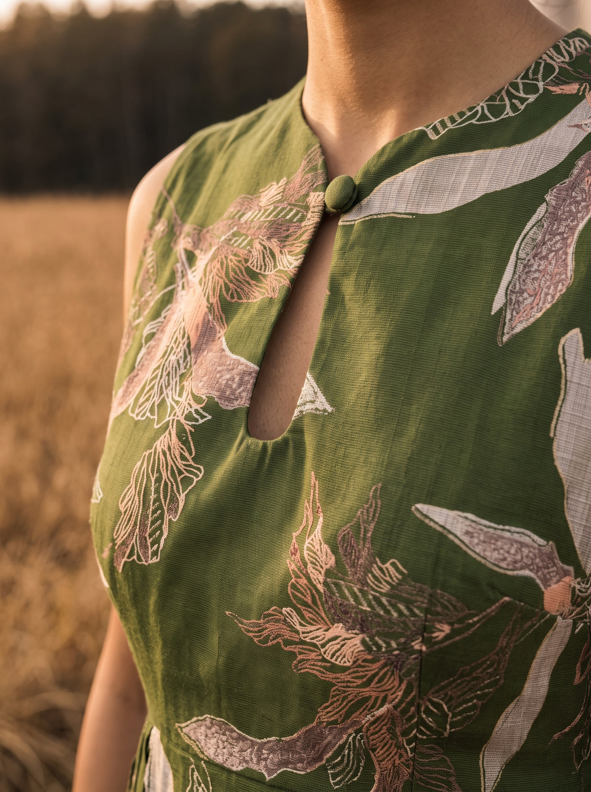 Contemporary Olive Green Printed Fit & Flare Dress with Keyhole Neckline and Pleated Flare