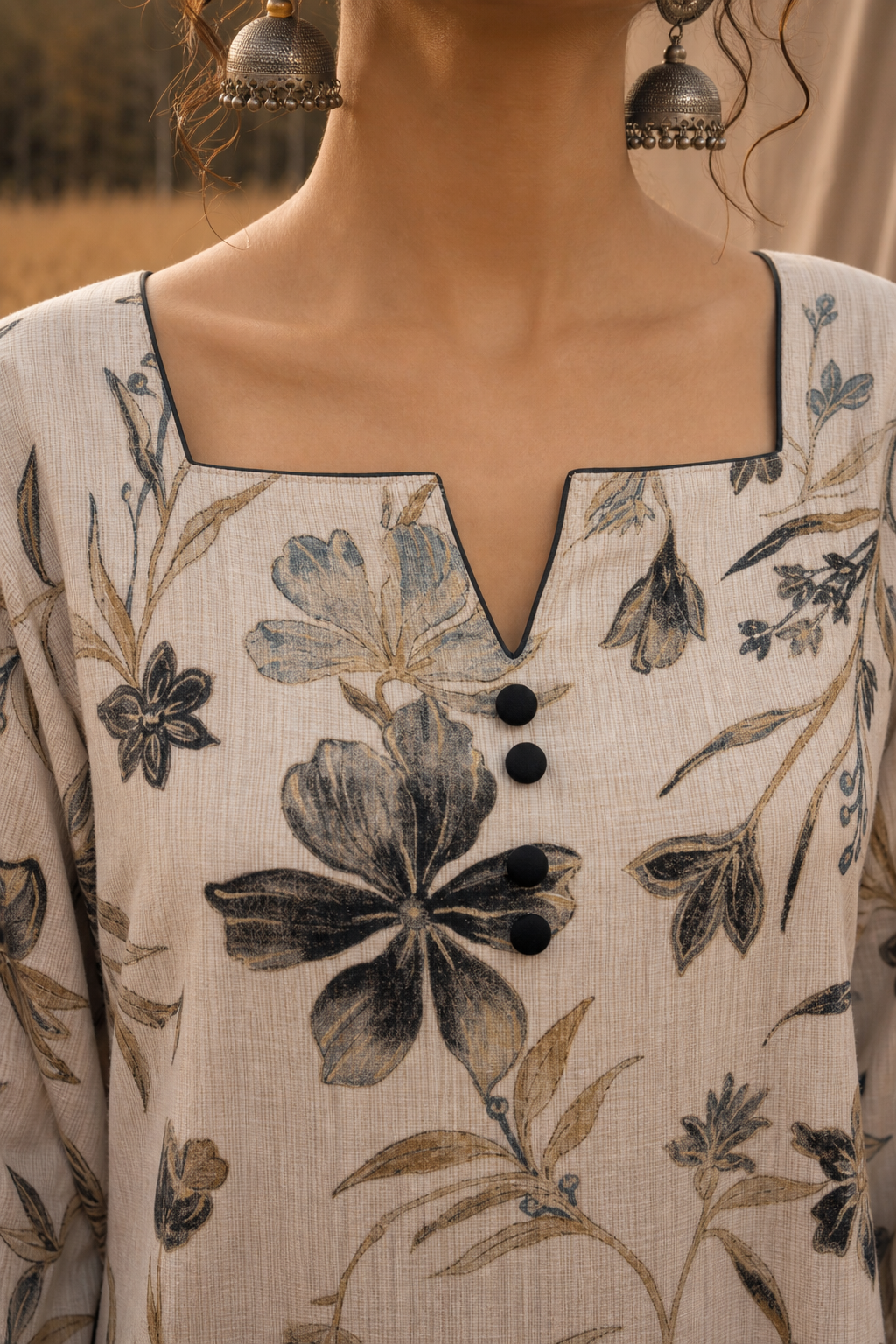 Beige Printed Dress with Floral Motifs, Contrast Black Detailed Neckline & Gathered Hem Border