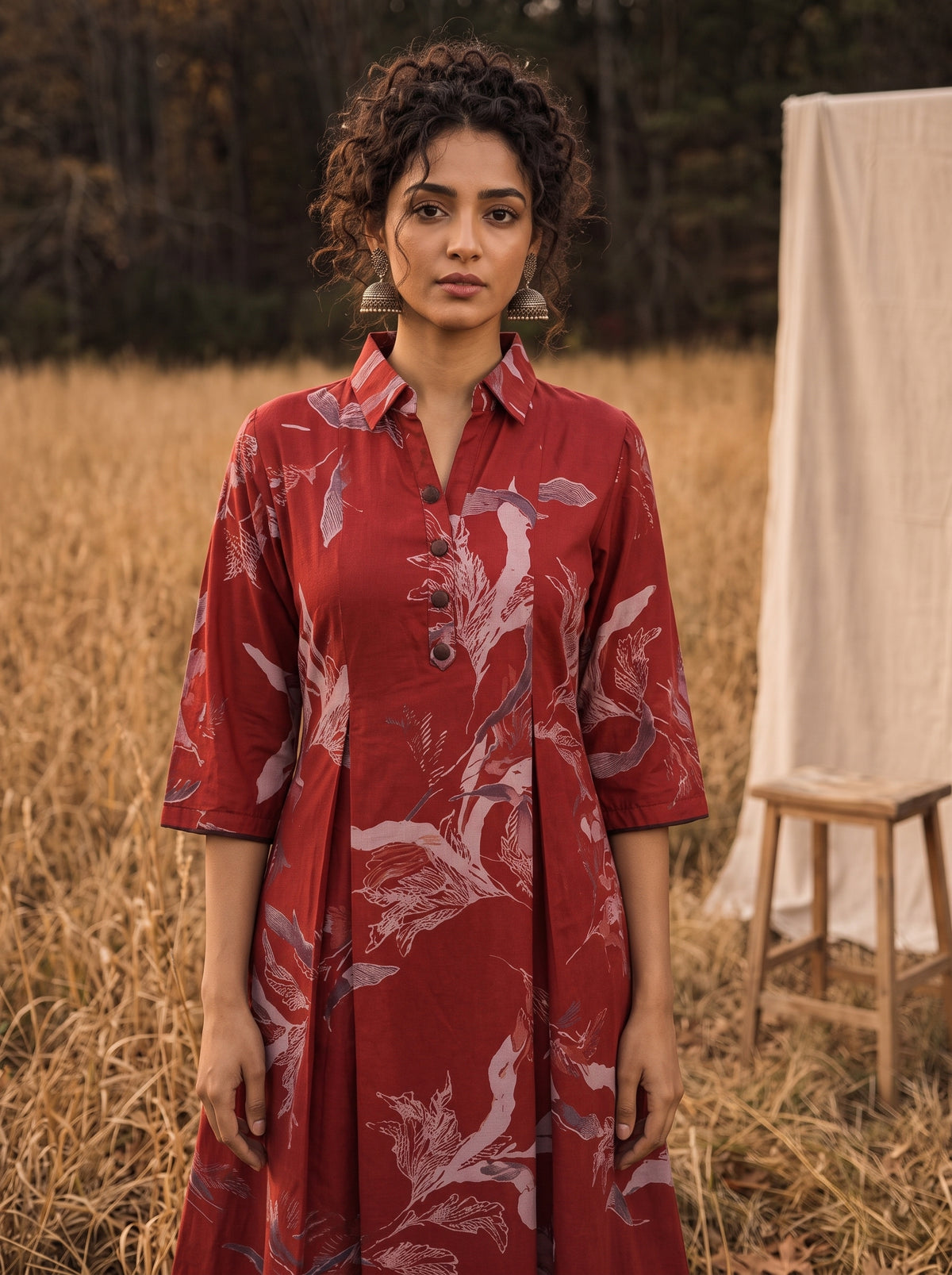 Rust Red Cotton A-Line Tunic Dress with Abstract Floral Print and Contrast Button Placket