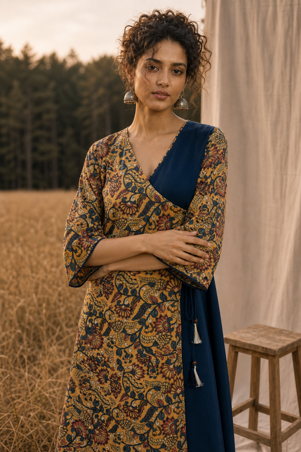 Mustard Yellow Kalamkari Printed Dress with Contrast Navy Blue Angrakha Panel and Tassel Ties