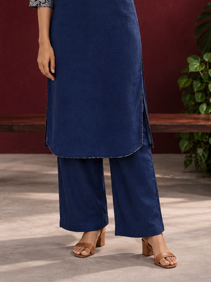 Navy blue cotton straight pants — front view