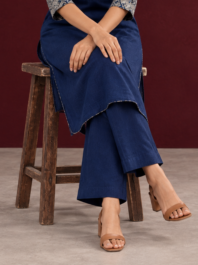 Navy blue cotton straight pants — seated — view 6