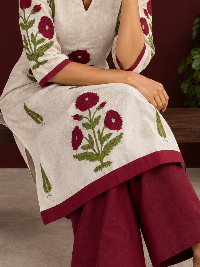 Red Cotton pants for effortless fit — seated detail — view 5