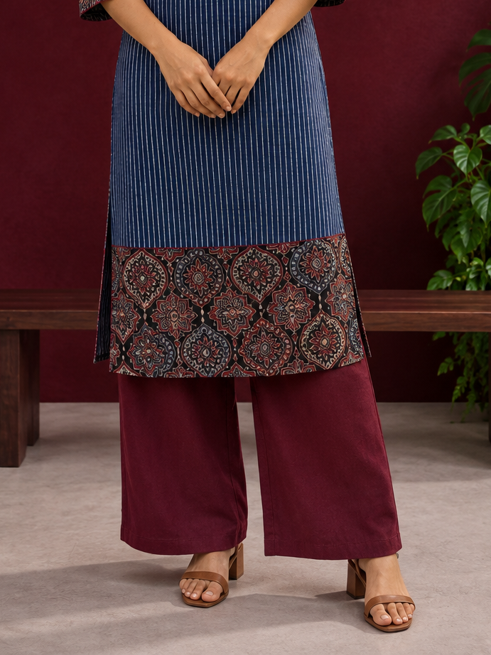 Maroon cotton pants with flowy silhouette — front view — view 3