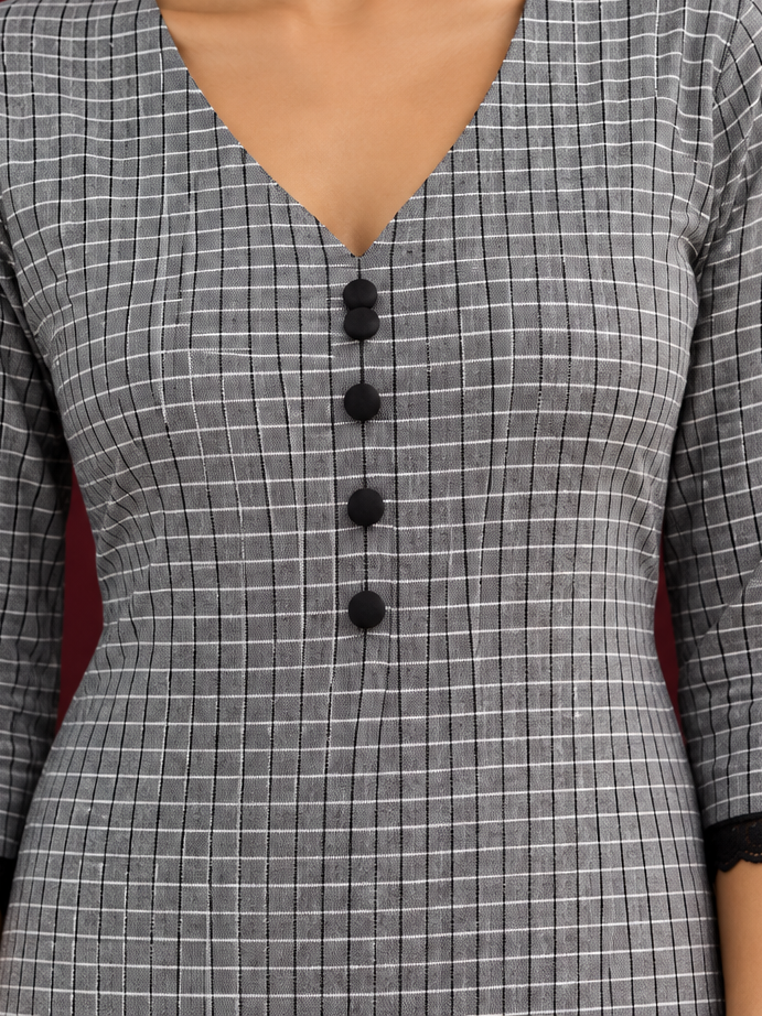 Classic Grey Ikat Checked Cotton Kurta with Black Lace Trim Sleeves and Asymmetric Button Placket — Pant — fabric detail — view 2