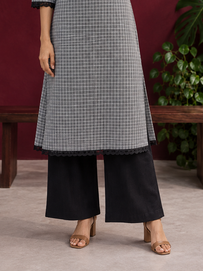 Classic Grey Ikat Checked Cotton Kurta with Black Lace Trim Sleeves and Asymmetric Button Placket — Pant — front view