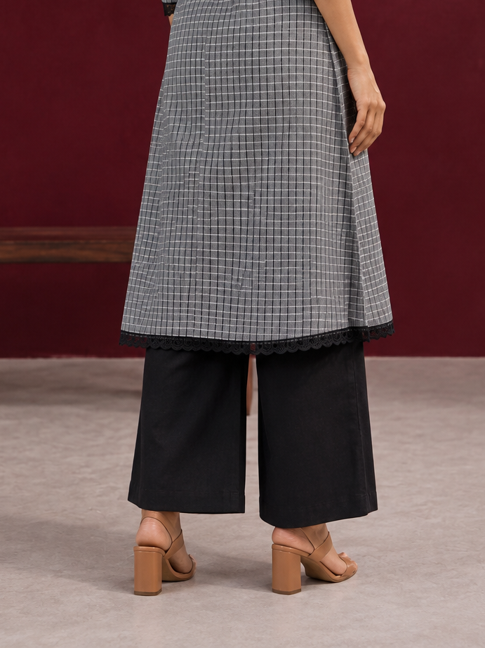 Classic Grey Ikat Checked Cotton Kurta with Black Lace Trim Sleeves and Asymmetric Button Placket — Pant — back view