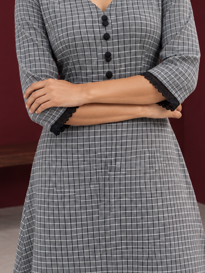 Classic Grey Ikat Checked Cotton Kurta with Black Lace Trim Sleeves and Asymmetric Button Placket — Pant — styled view — view 4