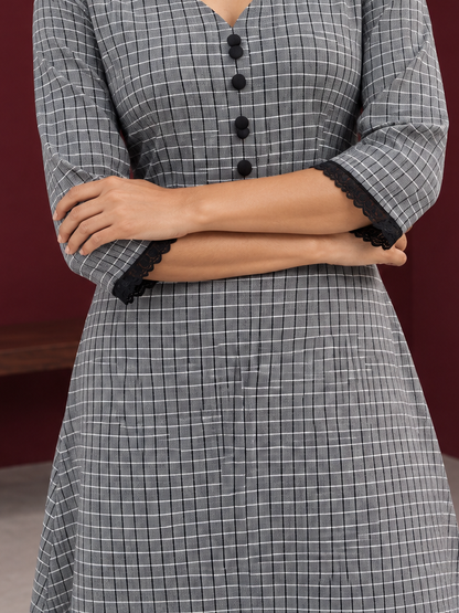 Classic Grey Ikat Checked Cotton Kurta with Black Lace Trim Sleeves and Asymmetric Button Placket — Pant — styled view