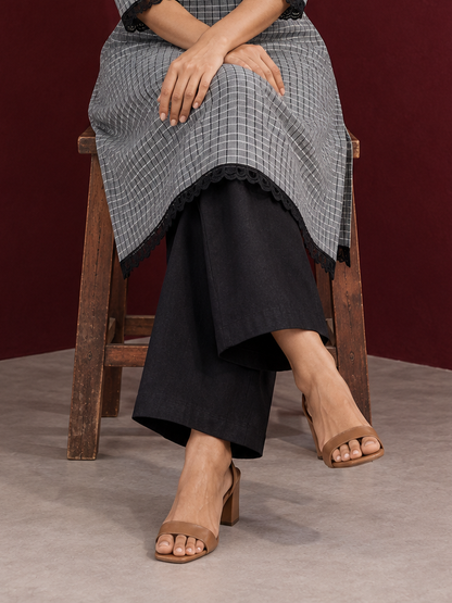 Classic Grey Ikat Checked Cotton Kurta with Black Lace Trim Sleeves and Asymmetric Button Placket — Pant — seated