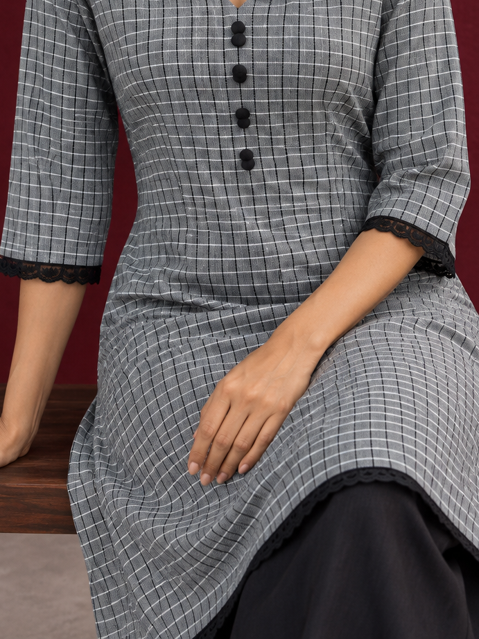 Classic Grey Ikat Checked Cotton Kurta with Black Lace Trim Sleeves and Asymmetric Button Placket — Pant — seated detail — view 5