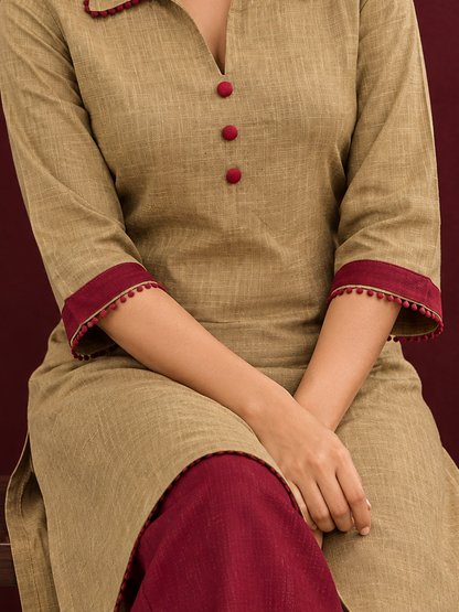 Graceful Maroon Cotton Straight Pant — seated detail