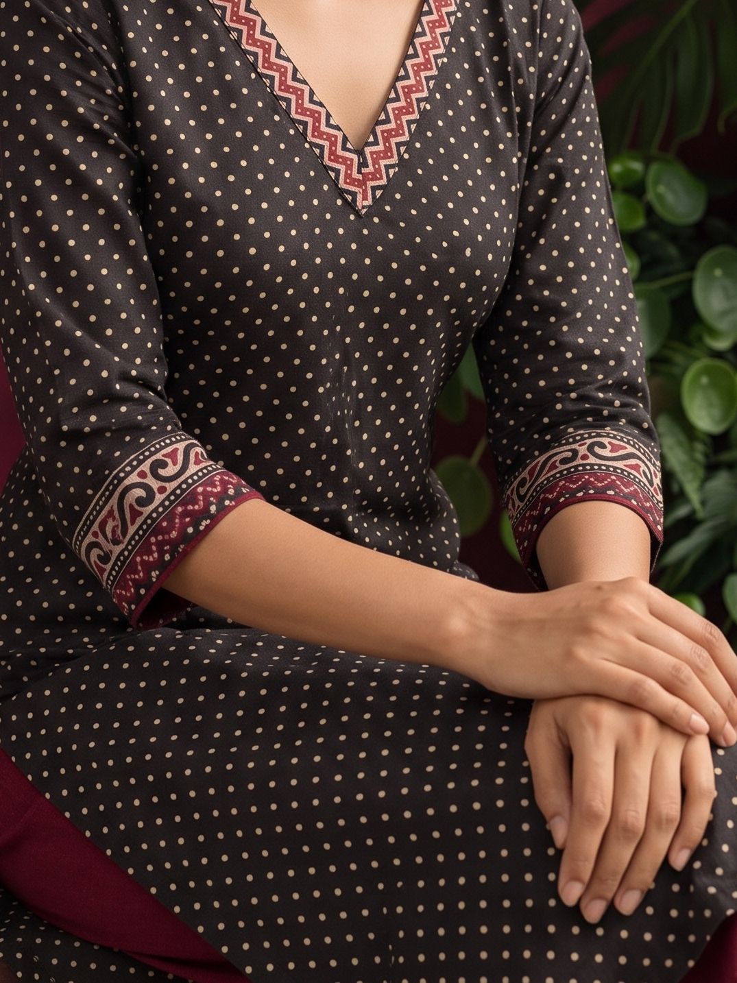 Graceful Maroon Cotton Straight Pant — seated detail