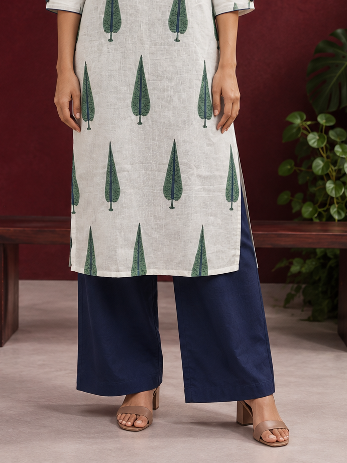 Blue Cotton Silk Straight Pant — front view — view 3
